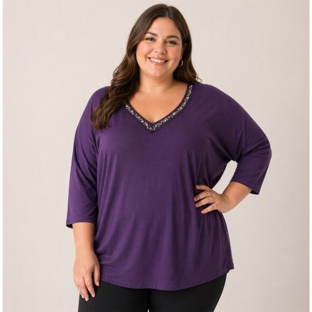 Lane Bryant double V-neck v-back purple bejeweled neckline top plus size 26/ 28